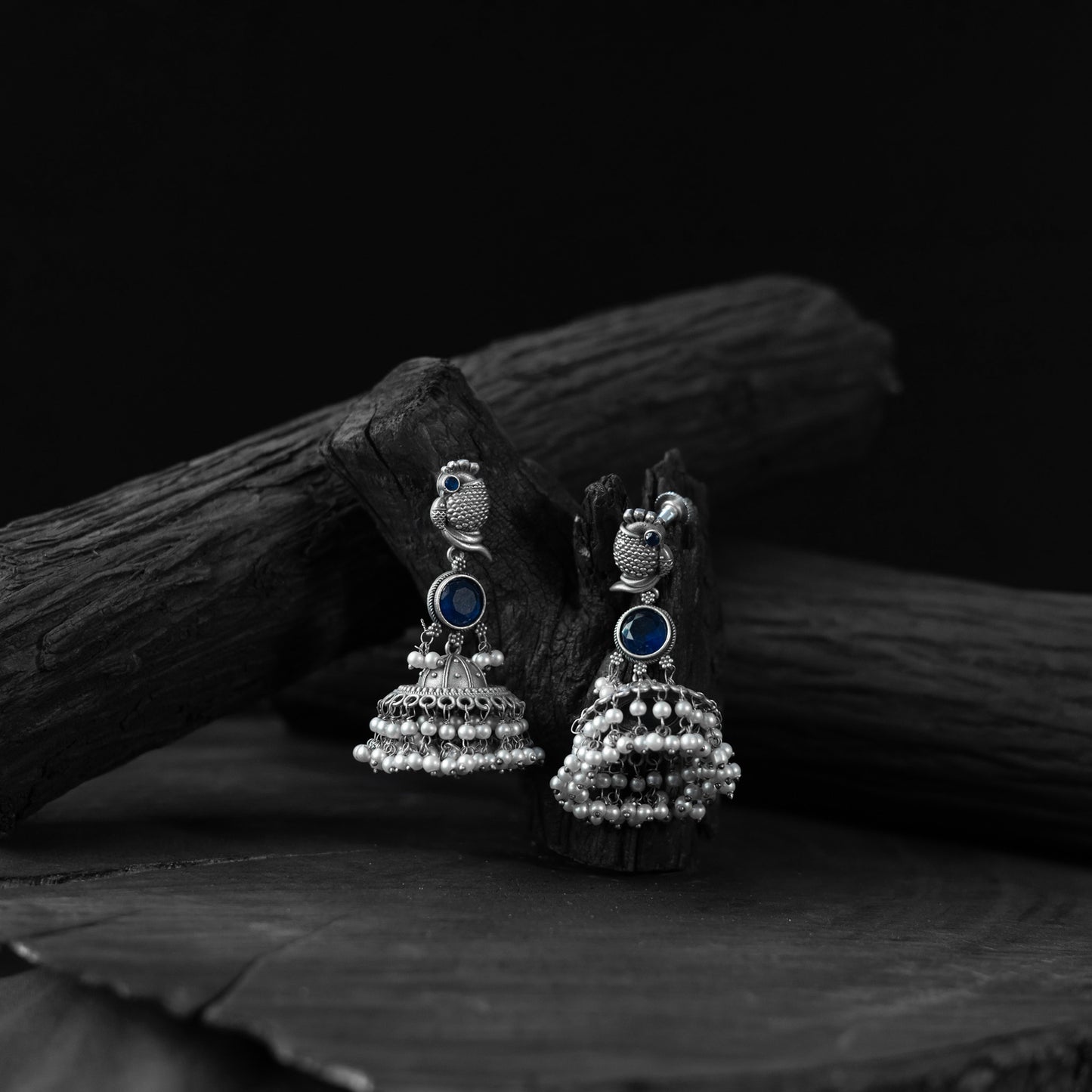 Saanjh Bela Peacock Blue Oxidised Earrings