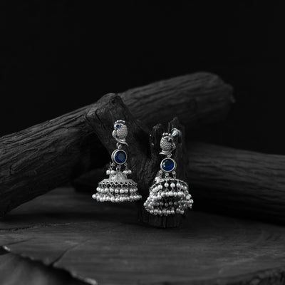 Saanjh Bela Peacock Blue Oxidised Earrings
