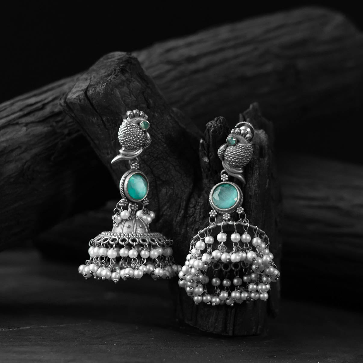 Saanjh Bela Peacock Mint Green Oxidised Earrings