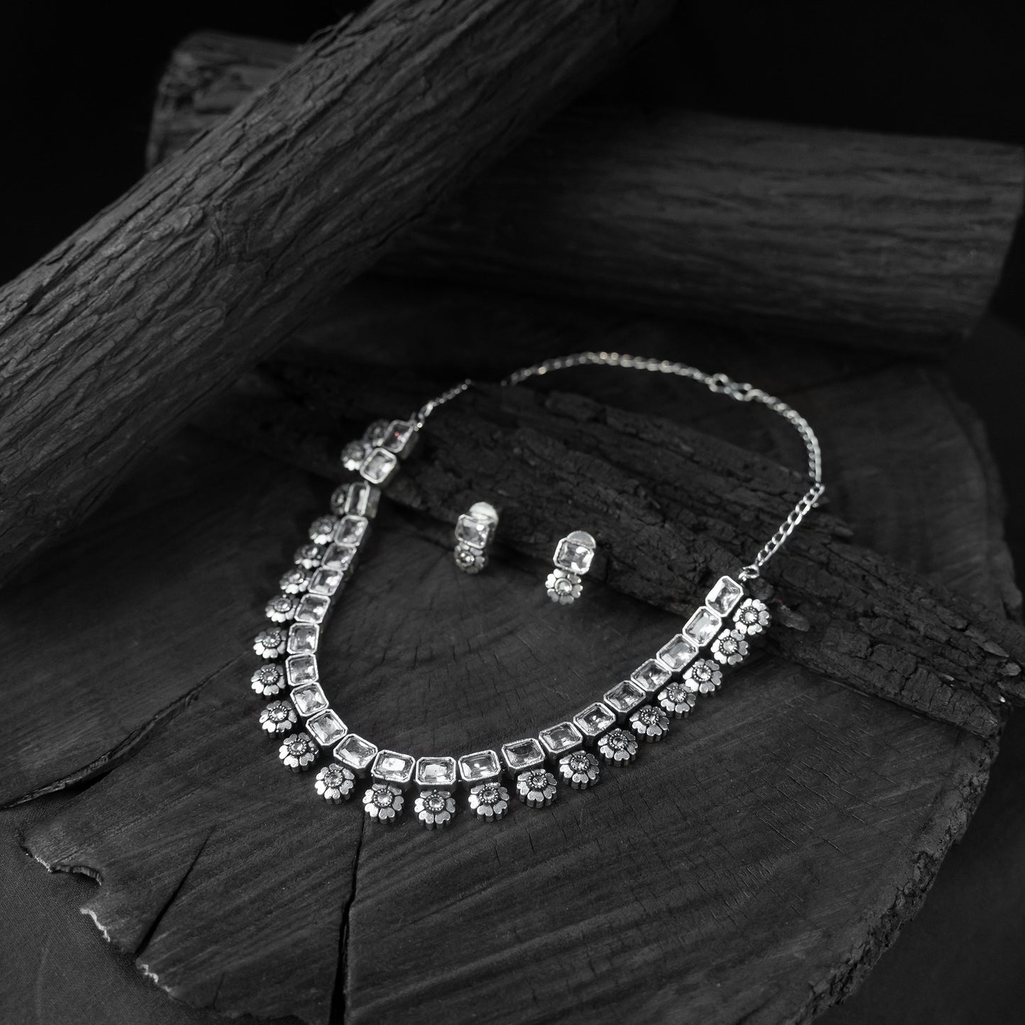 Saanjh Bela Crystal Blossom Oxidised Necklace Set