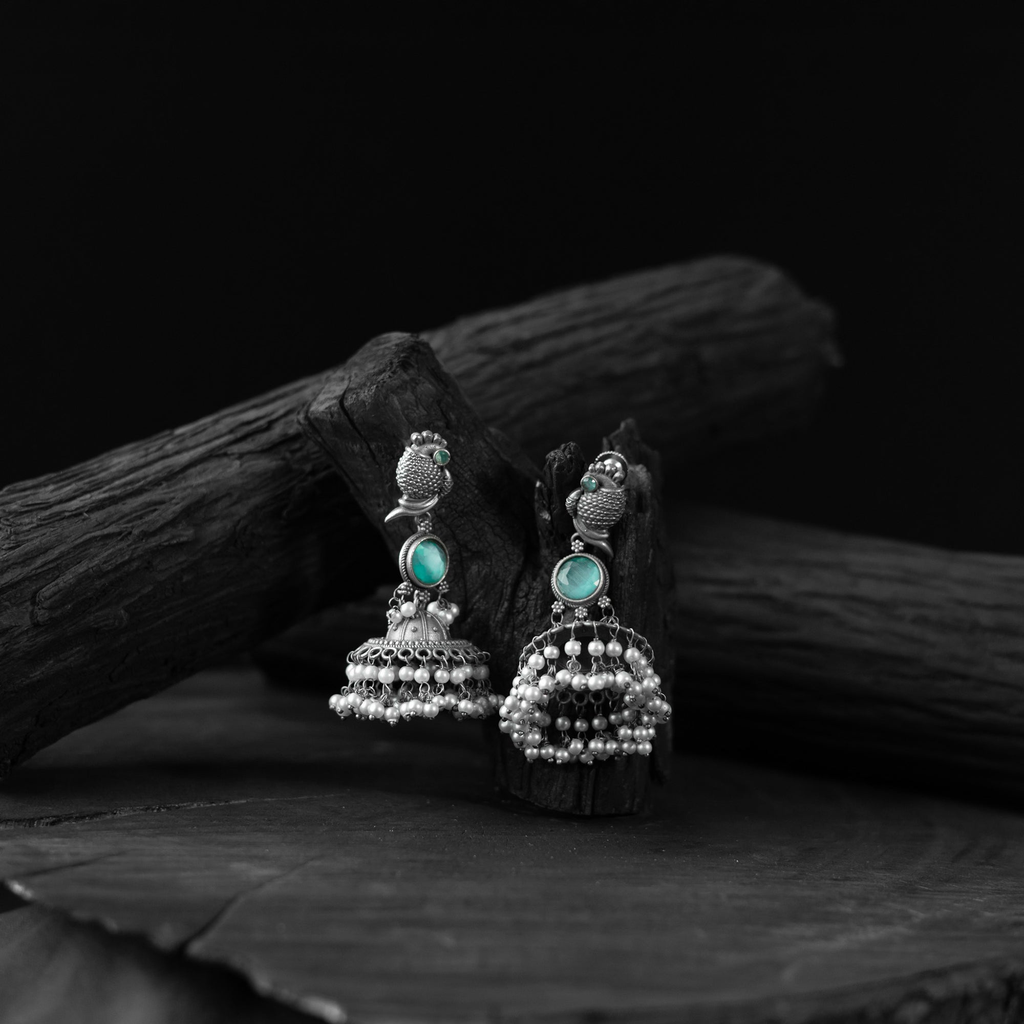 Saanjh Bela Peacock Mint Green Oxidised Earrings