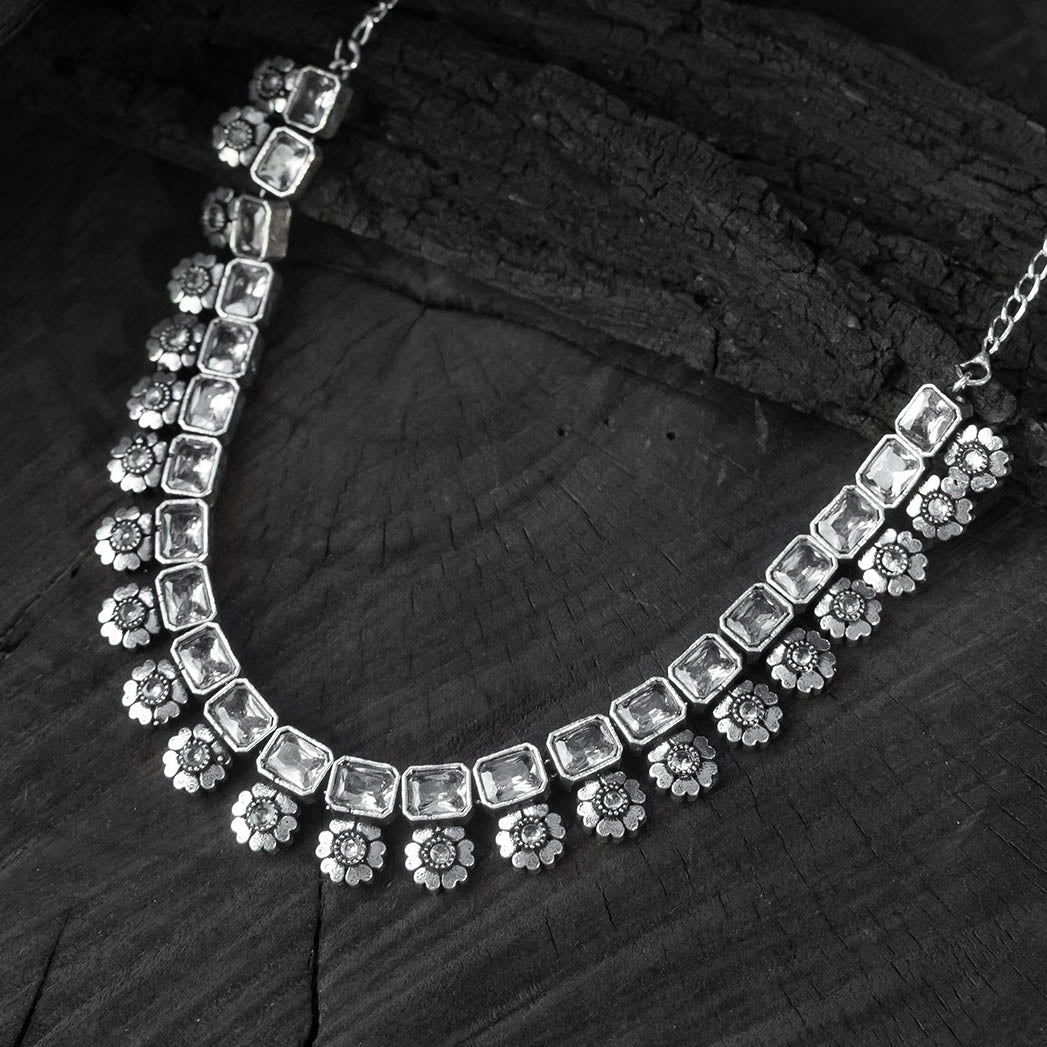 Saanjh Bela Crystal Blossom Oxidised Necklace Set