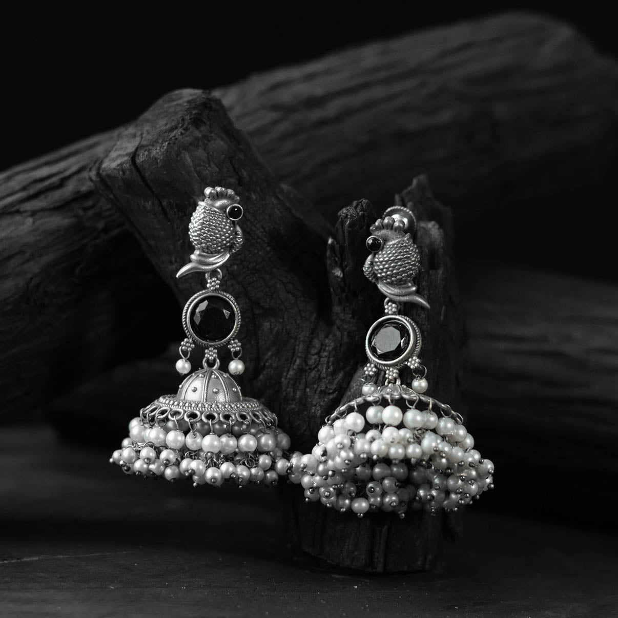 Saanjh Bela Peacock Black Oxidised Earrings