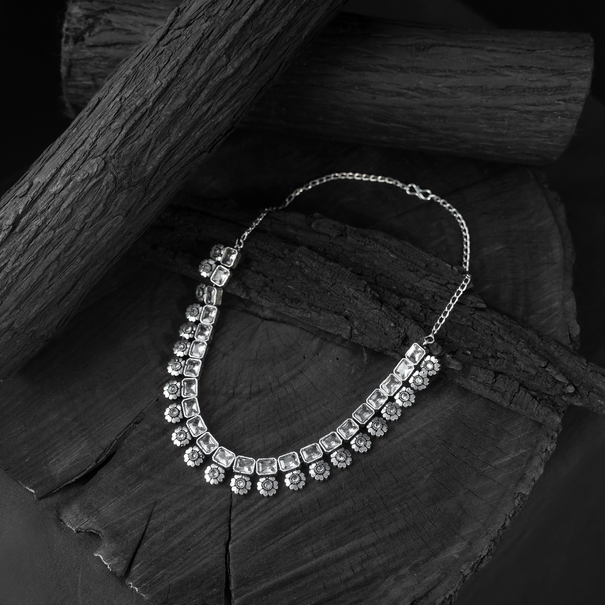 Saanjh Bela Crystal Blossom Oxidised Necklace Set