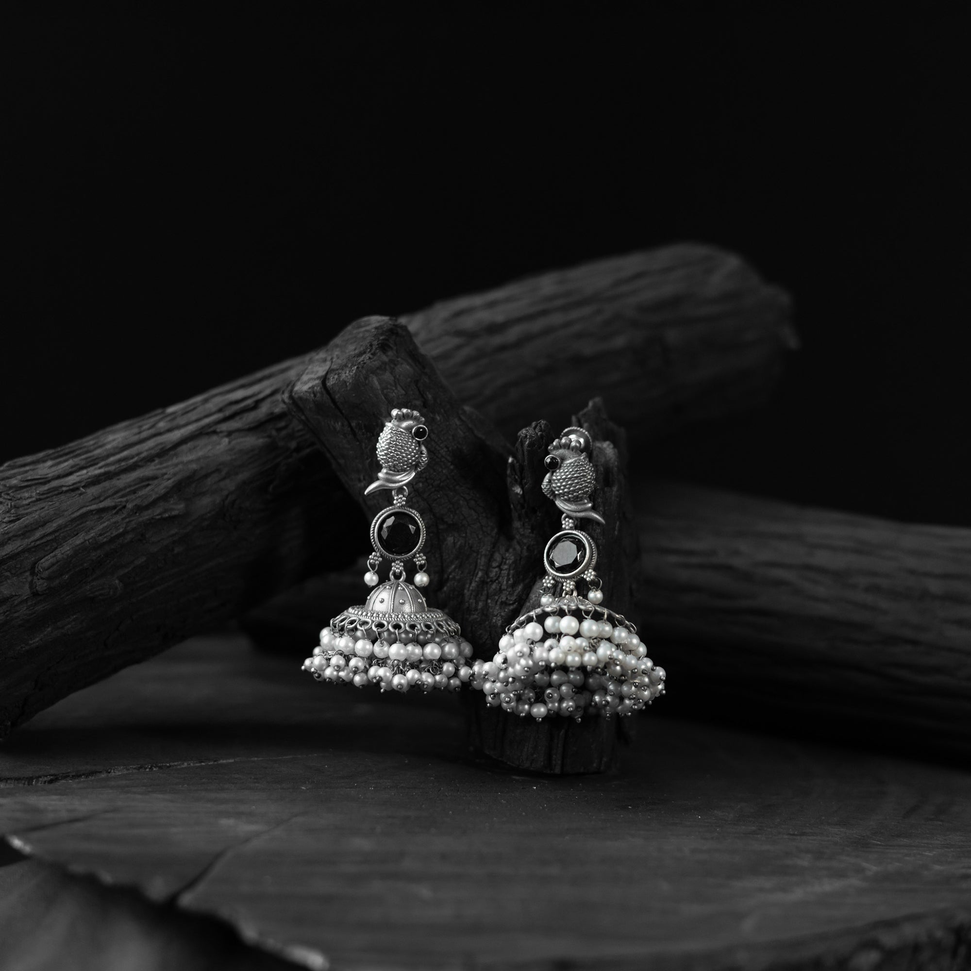 Saanjh Bela Peacock Black Oxidised Earrings