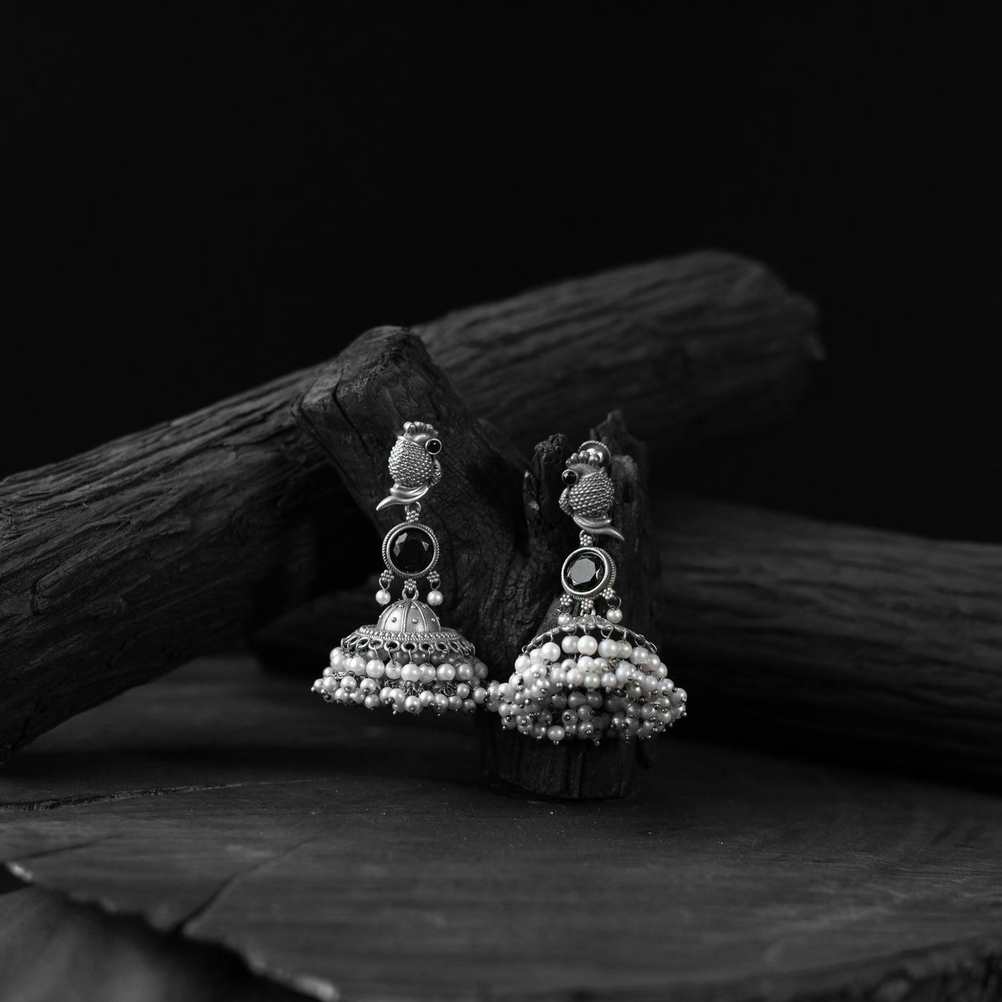 Saanjh Bela Peacock Black Oxidised Earrings