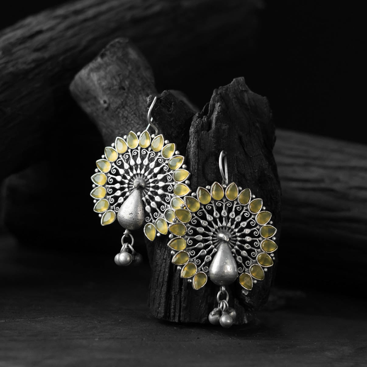 Saanjh Bela Mayuri Yellow Oxidised Earrings