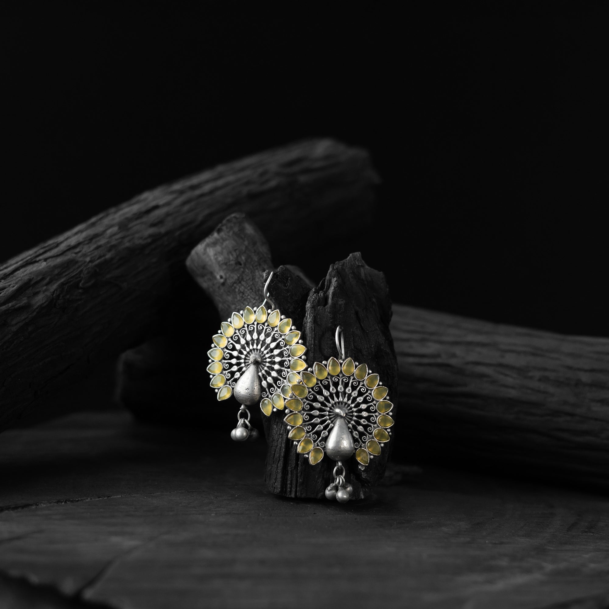 Saanjh Bela Mayuri Yellow Oxidised Earrings